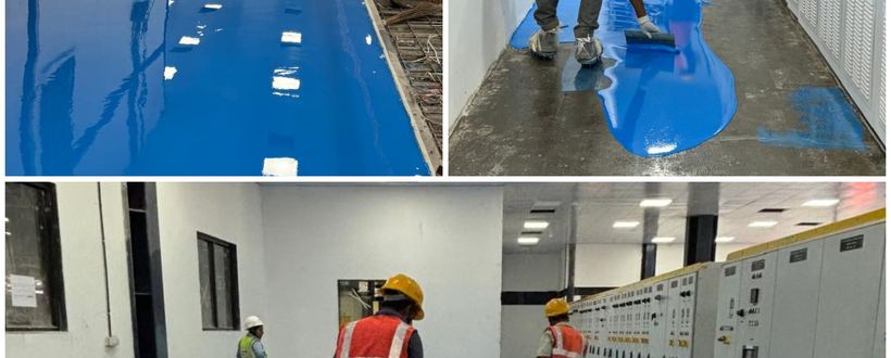 Blue epoxy flooring installation in progress